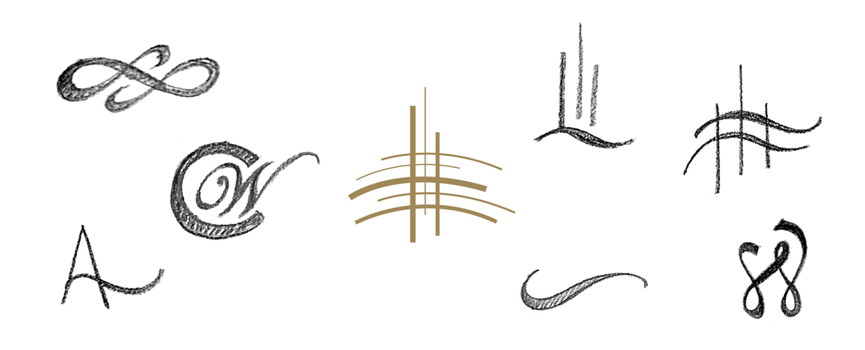 gold symbol logo surrounded by pencil sketches 