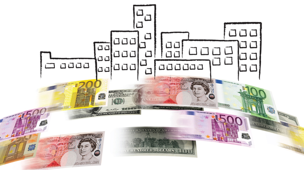 graphic showing sketched buildings over an arc-shape of flying money