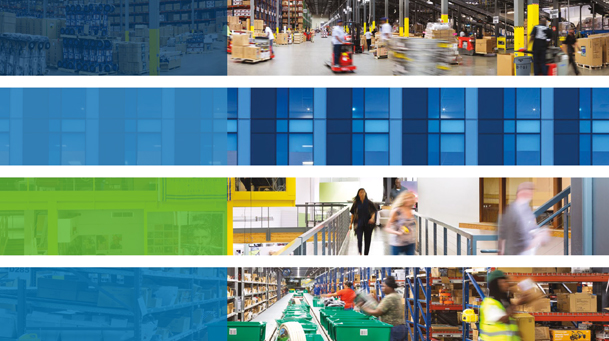 Four horizontal slices of property photos showing an industrial space, office space, office windows and supply chain image with color blocks on top
