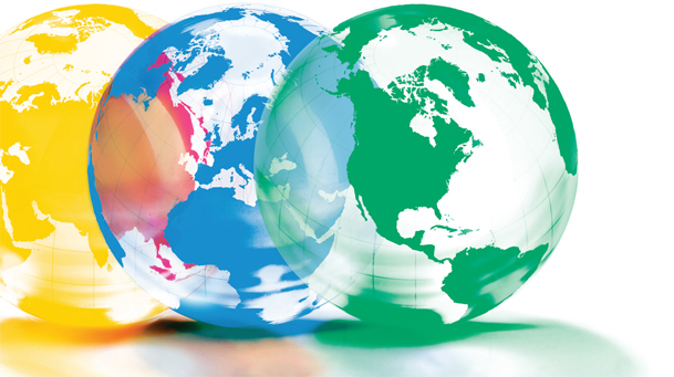 a graphic showing three outlined globes next to each other