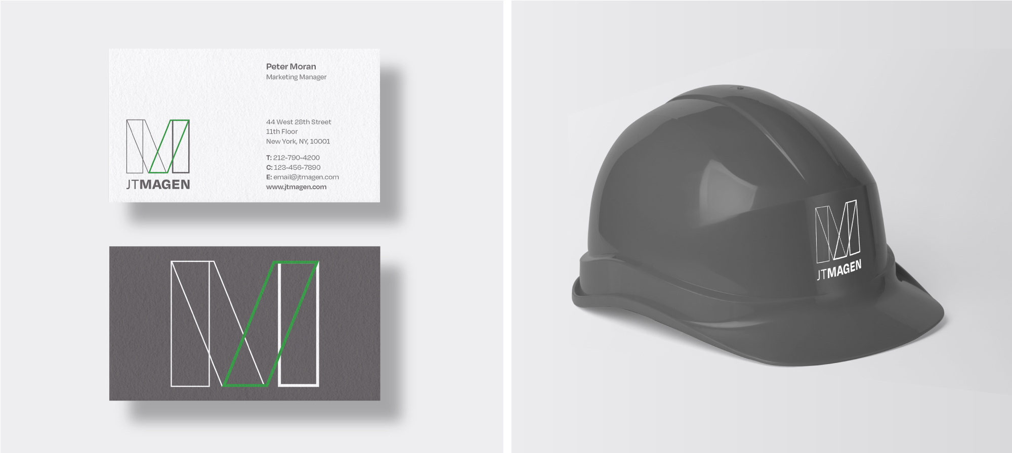 mockup of helmet and business cards with J.T. Magen logo on it